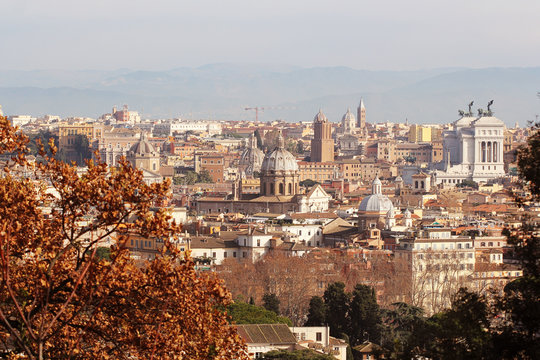 Rome (Italy) - The view of the city from Janiculum hill and terrace, with Vittoriano, Trinit&agrave; dei Monti church and Quirinale palace.