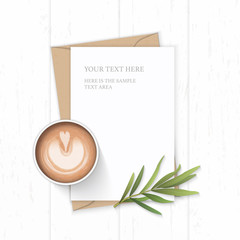 Flat lay top view elegant white composition letter kraft paper envelope tarragon leaf and coffee on wooden background