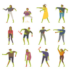 Zombie sets in various poses illustration. flat design vector graphic style.