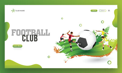 Football club landing page design, illustration of soccer player kicking the ball on playground for live sports tournament concept. © Abdul Qaiyoom