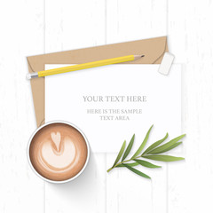 Flat lay top view elegant white composition letter kraft paper envelope yellow pencil eraser tarragon leaf and coffee on wooden background