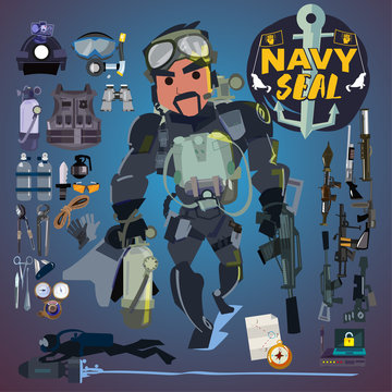Navy seal soldier with gear, weapon and equipment set. logotype - vector