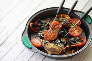 Vegetables grilled pan fried eggplant and tomatoes