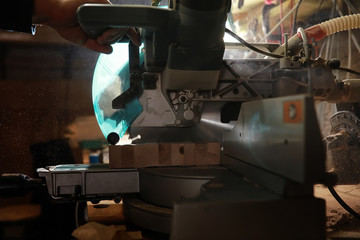 Workshop with tools and electric saws in the process