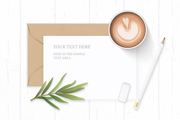 Flat lay top view elegant white composition letter kraft paper envelope coffee tarragon leaf and pencil eraser on wooden background