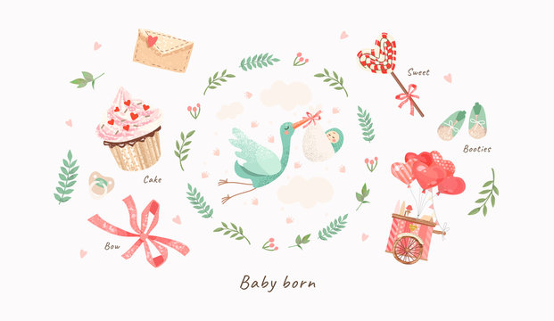 cute illustration of a stork with a baby in a flower frame, vector isolated objects for congratulations on a newborn