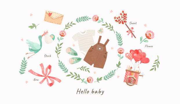 Cute Illustration Of Baby Clothes For A Newborn: Slip, Romper, Booties, Nipple In A Flower Frame, Vector Isolated Objects For Congratulations On A Newborn