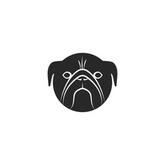 Pug dog head logo black and white vector illustration. Pet club emblem mockup.