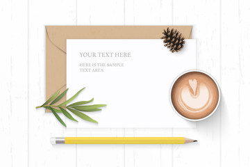 Fototapeta na wymiar Flat lay top view elegant white composition letter kraft paper envelope pine cone yellow pencil tarragon leaf and coffee on wooden background