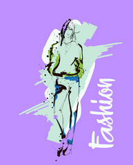 Fashion girl sketch. Fashion illustration. Drawing fashion model