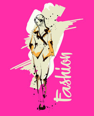 Fashion girl sketch. Fashion illustration. Drawing fashion model