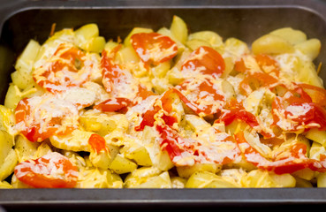 Preparation potatoes with tomatoes in a frying pan. Useful vegetarian food_