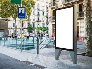 Mock up Banner stand Metro entrance Media outdoor Information Sign with people walking on City street