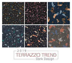 Set of six colorful terrazzo patterns. Italian natural mosaic floors vector illustration