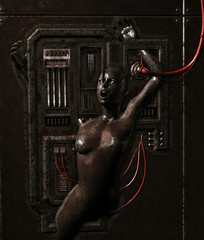 Fototapeta na wymiar eat me alive,woman inside steel parts,3d rendering.