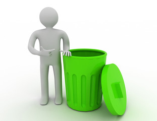 3d small person standing next to a trash can.