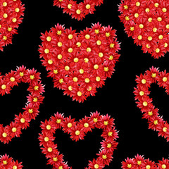 Watercolor seamless pattern for Valentine's day, hearts of chrysanthemum flowers.