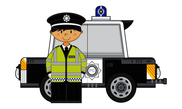 Adorably Cute Cartoon Policeman and Police Car Illustration