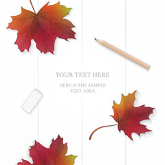 Flat lay top view elegant white composition paper red autumn maple leaf and pencil eraser on wooden background