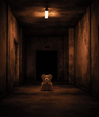 Teddy bear sitting in haunted house,Scary background for book cover - 241376304
