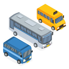 Set Bus, Mini Bus, and School Bus Isometric Vector Illustration