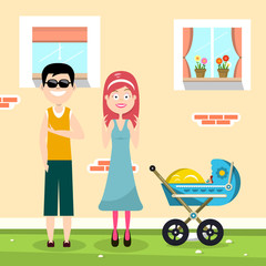 Happy Family with House on Background and Baby Carriage Vector Illustration