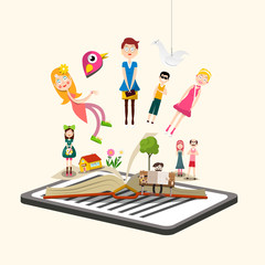 Story Characters on Book. E-book Reader Vector Illustration.