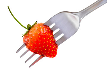 Strawberry on fork isolated on white background which fresh juicy ripe red for dessert and food concept.