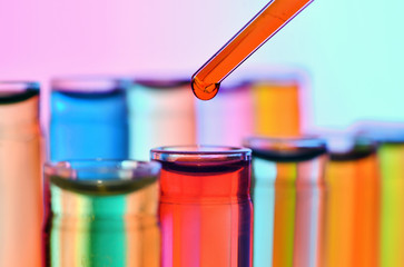 Close up of chemistry test tubes and pipette