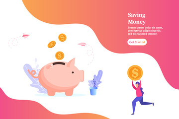 Piggybank with falling gold coins, man holding a coin, concept of saving money and profit, vector illustration for web, ui, landing page, flyer, poster, banner.