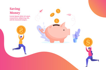 Piggybank with falling gold coins, man holding a coin, concept of saving money and profit, vector illustration for web, ui, landing page, flyer, poster, banner.