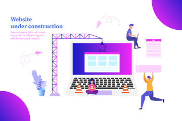 Website under construction, group of people working on website, vector illustration for web, ui, landing page, flyer, poster, banner.