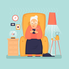 Grandmother sits with the phone. Interior. Internet, modern old people, pensioners. Flat design vector illustration