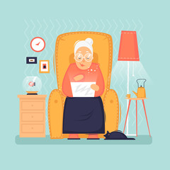 Grandma is sitting with a laptop. Interior. Internet, modern old people, pensioners. Flat design vector illustration