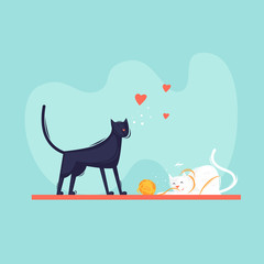 Cats play with a ball of yarn, pets. Flat design vector illustration