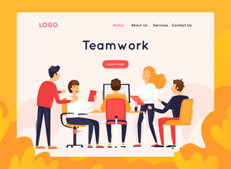 Landing page. Website Template. Teamwork, about us. Business workflow management. Office life, business, programmer. Data analysis. Brainstorming, meeting.  Flat design vector illustration