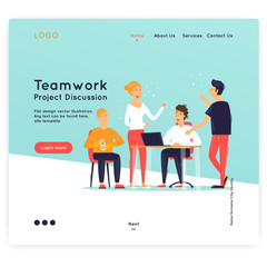 Landing page. Website Template. Teamwork, about us. Business workflow management. Office life, business, programmer. Data analysis. Brainstorming, meeting.  Flat design vector illustration