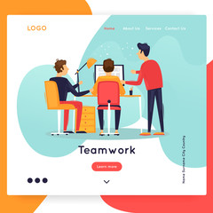 Landing page. Website Template. Teamwork, about us. Business workflow management. Office life, business, programmer. Data analysis. Brainstorming, meeting.  Flat design vector illustration