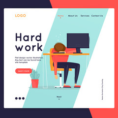 Landing page. A lot of work, fatigue, businessman. Website Template. Business workflow management. Office life, business, programmer. Data analysis. Flat design vector illustration