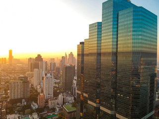 Industrial office building sunrise colorful sky aerial view