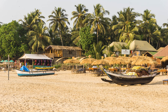 Beachfront huts along Agonda Beach in Southern Goa, India