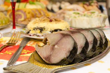 New Year's table made by delicious food.