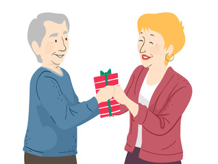 Senior Couple Gift Giving Illustration