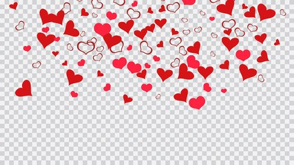 Red hearts of confetti are falling. Festive background. Red on Transparent fond Vector. A sample of wallpaper design, textiles, packaging, printing, holiday invitation for birthday.