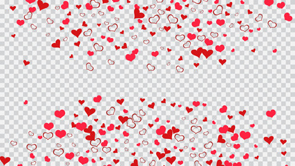 Light background. Red on Transparent background Vector. Red hearts of confetti are flying. Part of the design of wallpaper, textiles, packaging, printing, holiday invitation for birthday.