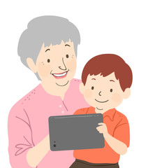 Senior Woman Kid Boy Tablet Illustration