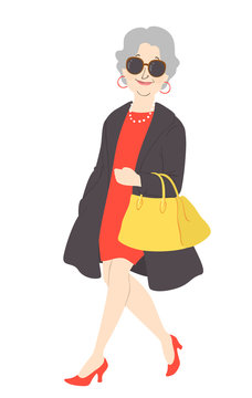 stylish elderly woman walking with yellow bag clip art preview