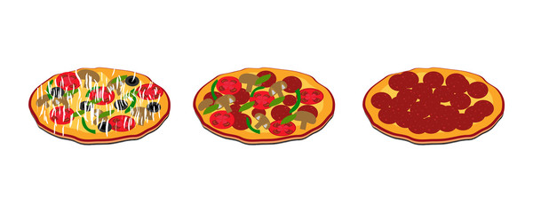 Vector illustration of three pizzas on isolated background