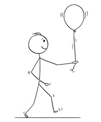 Cartoon stick drawing conceptual illustration of man holding or walking with balloon.