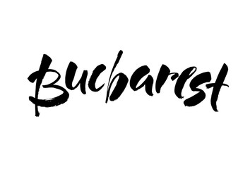 Bucharest, Romania. Capital city typography lettering design. Hand drawn brush calligraphy, text for greeting card, post card, poster. Isolated vector illustration.
